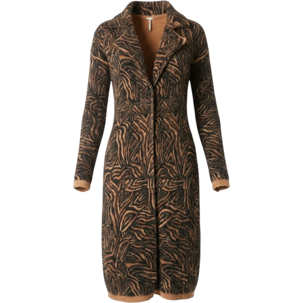 Free People Long Cardigan Women XS Brown Excellent Fuzzy Zebra Print Duster